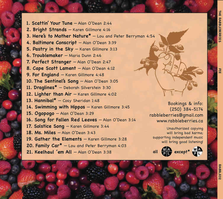 The RabbleBerries 'Pie' CD back cover (2015)